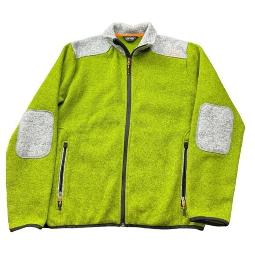 Orvis Mens Full Zip Fleece Jacket Lime Green Grey Elbow Patches Size‎ M |D1
